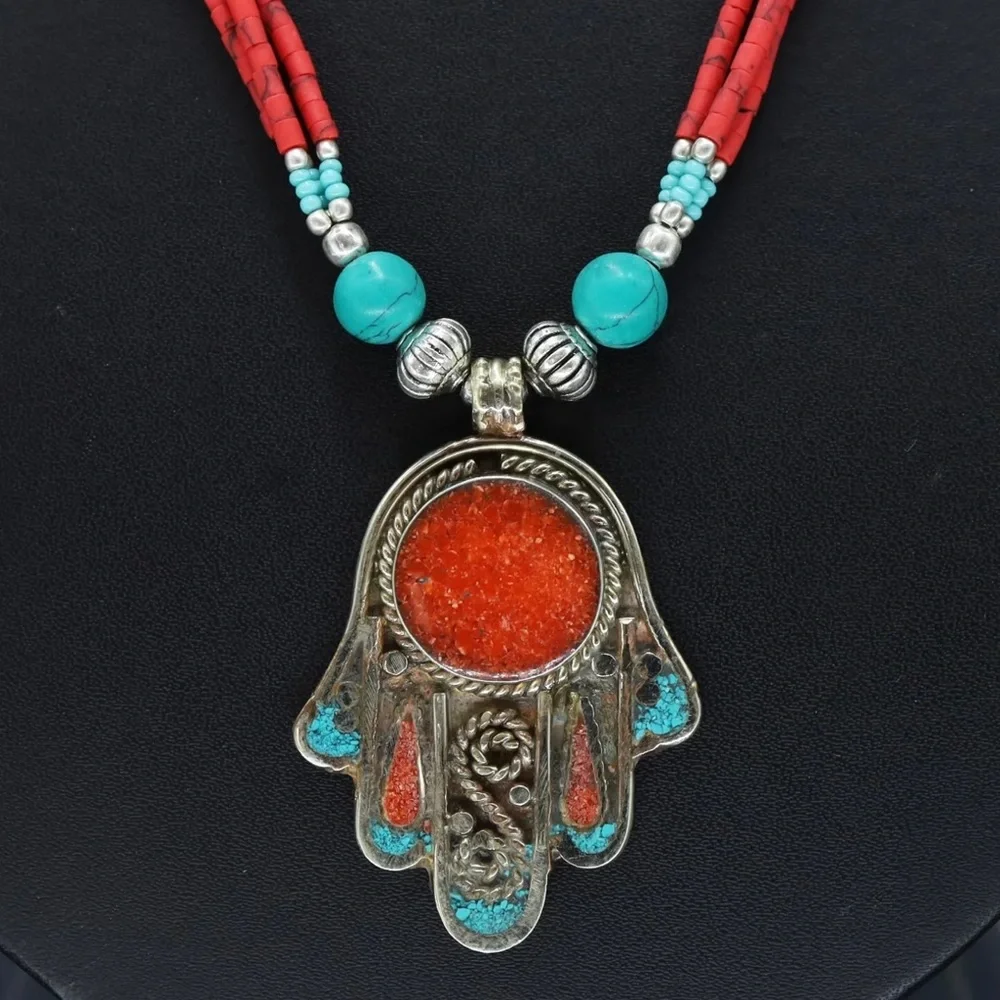 Tibetan silver turquoise and coral Nepali necklace